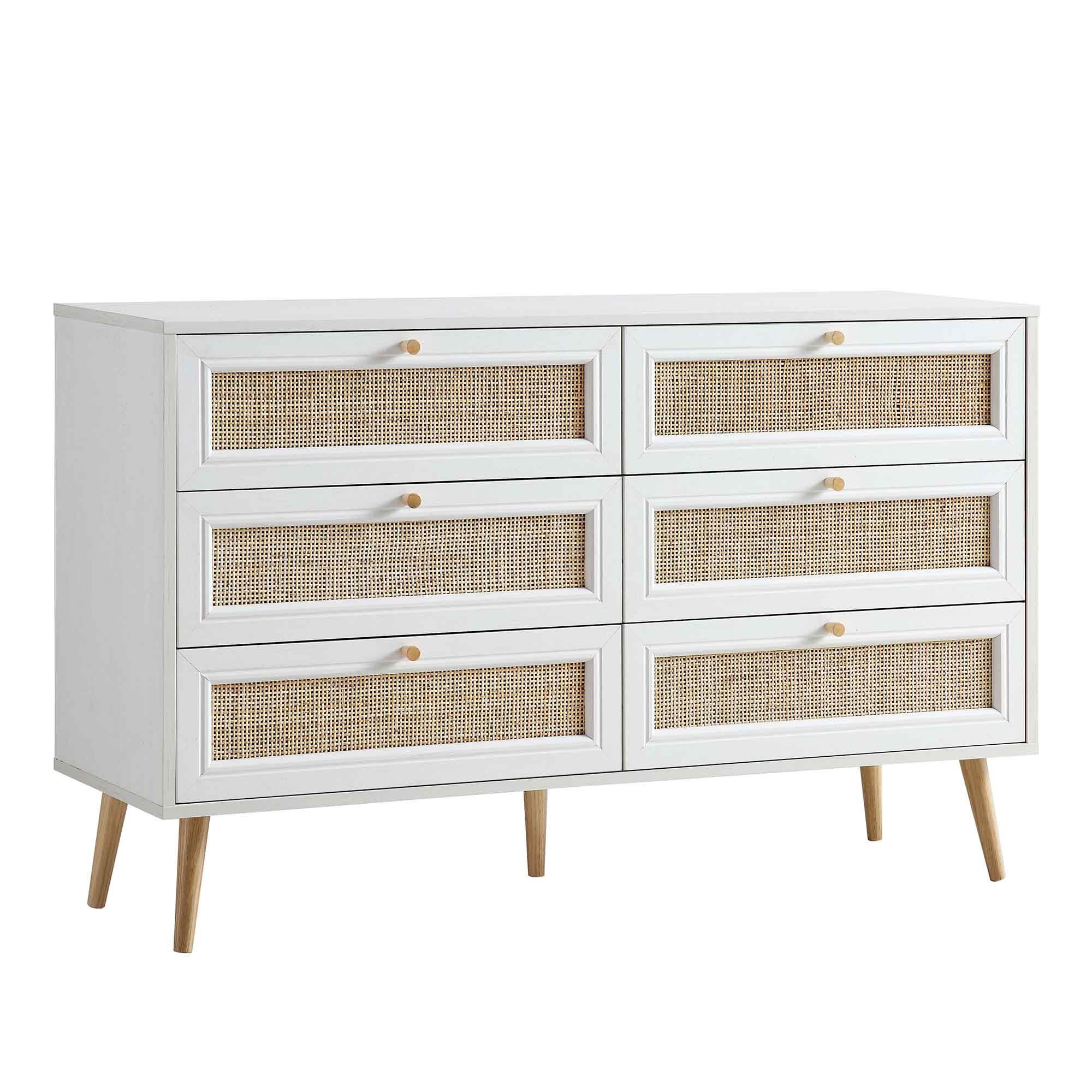 Frances Woven Rattan 6 Drawer Dresser, White