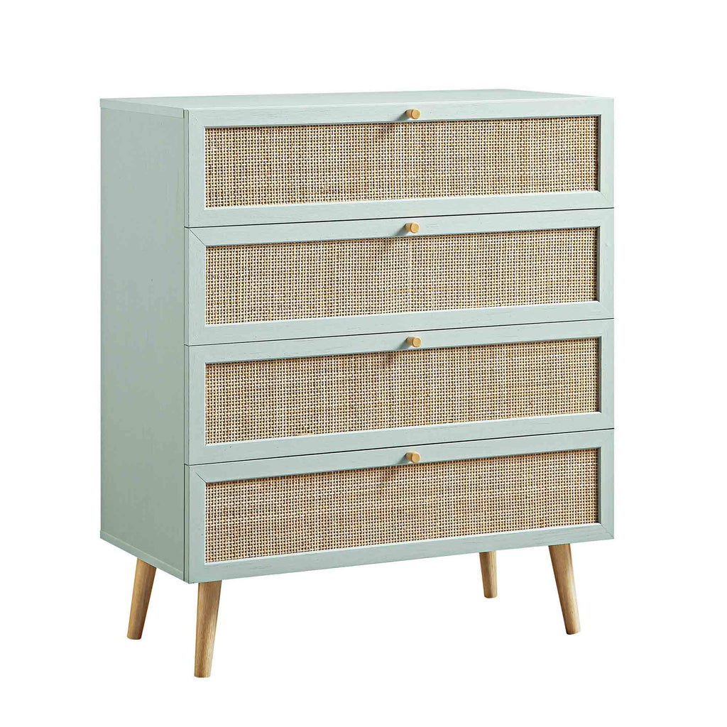 Frances Woven Rattan Tall 4 Drawer Dresser, Mint