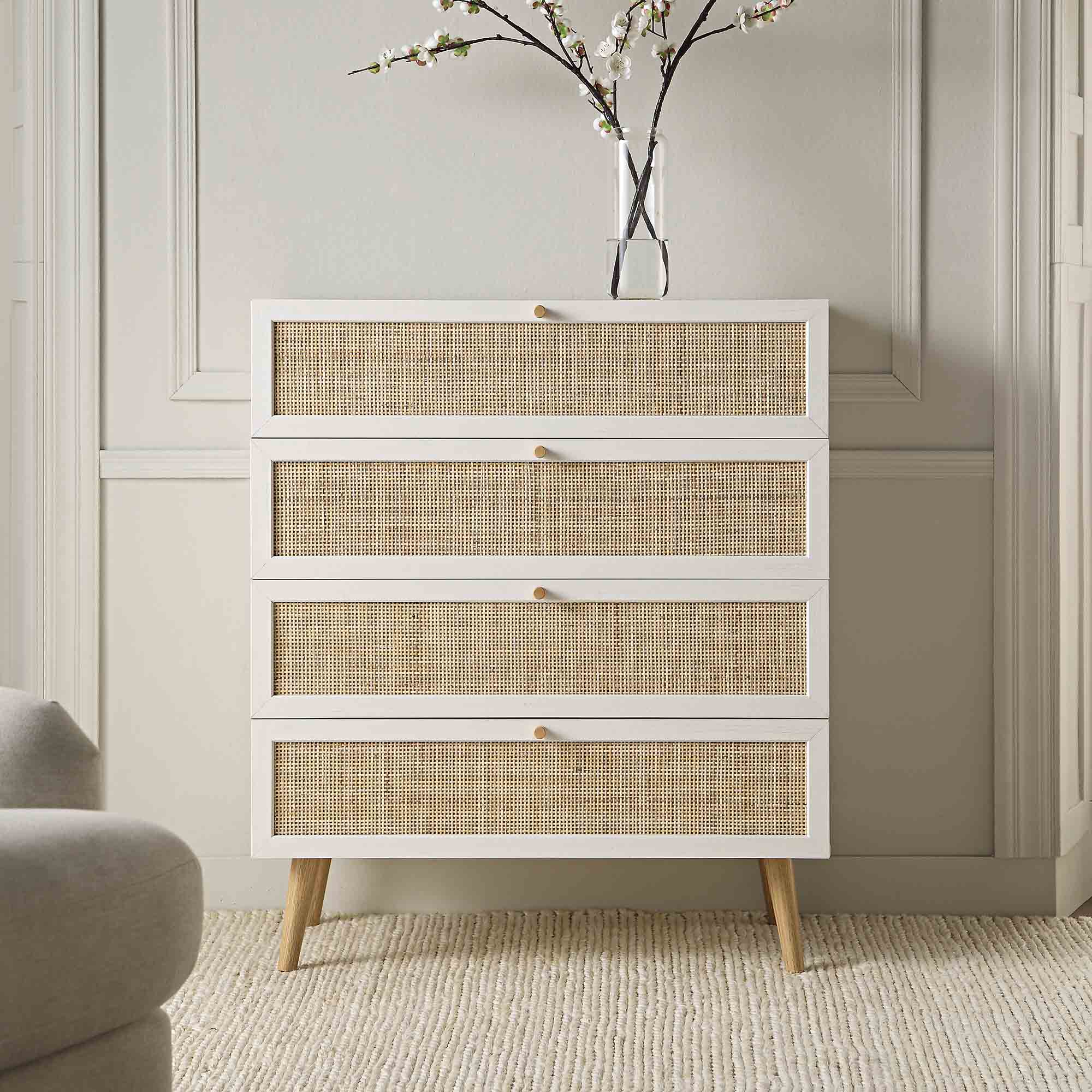 Frances Woven Rattan Tall 4 Drawer Dresser, White