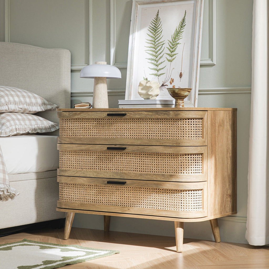 Izzy Curved Rattan 3 Drawer Dresser, Natural