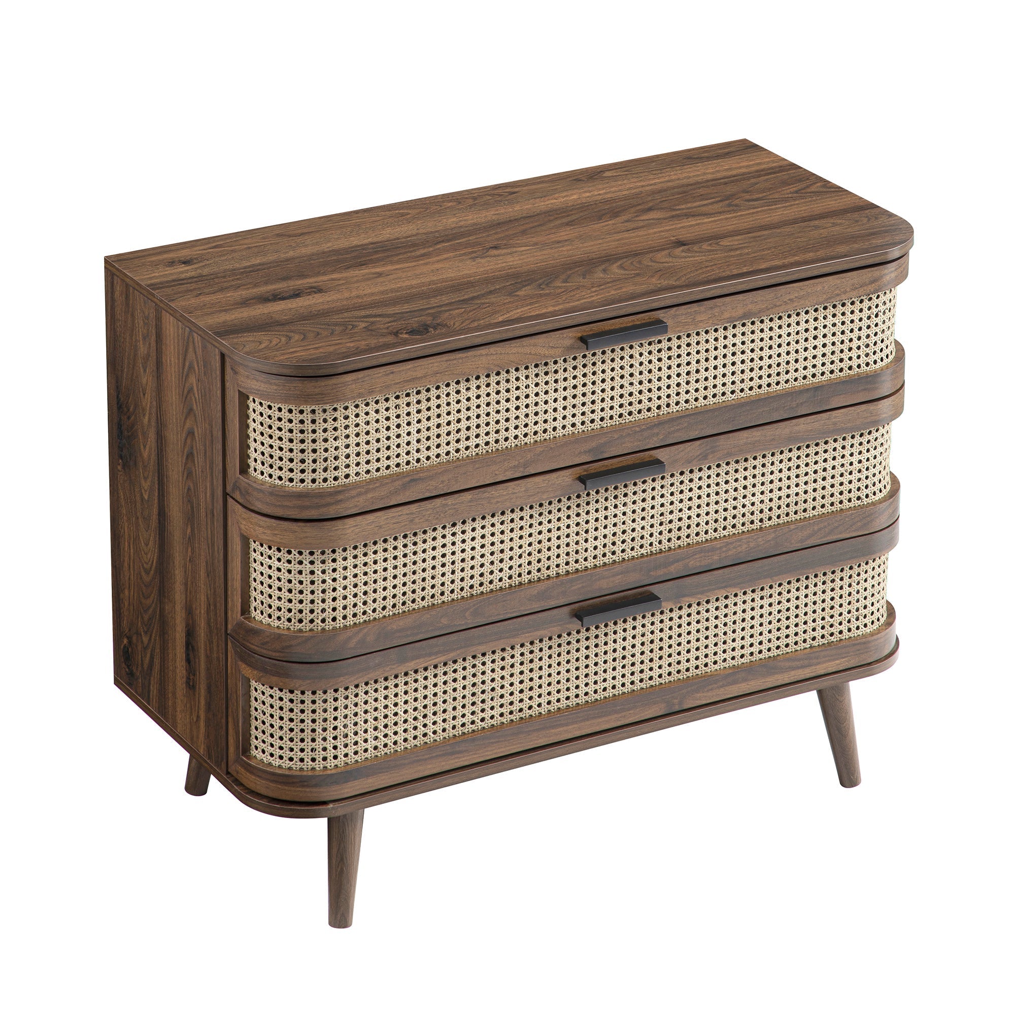 Izzy Curved Rattan 3 Drawer Dresser, Walnut