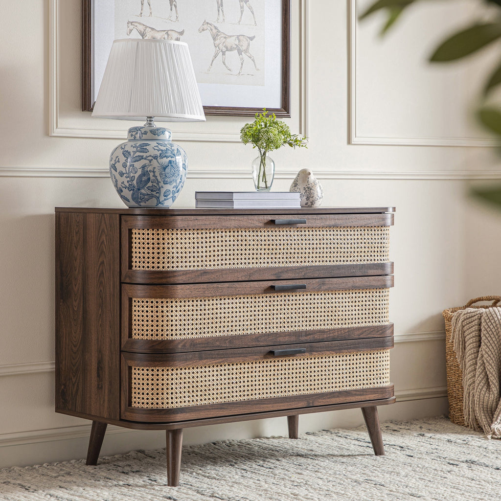 Izzy Curved Rattan 3 Drawer Dresser, Walnut
