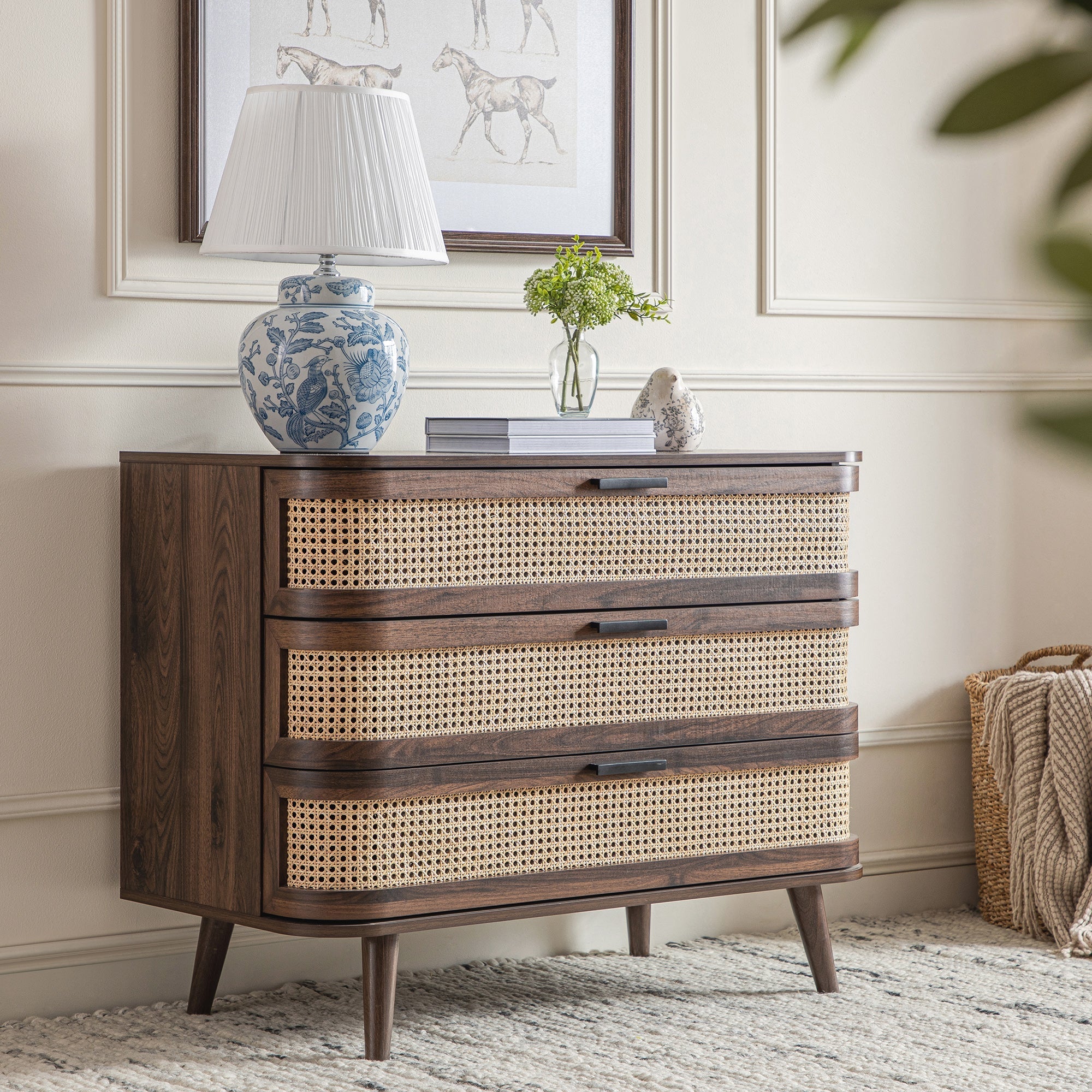 Izzy Curved Rattan 3 Drawer Dresser, Walnut