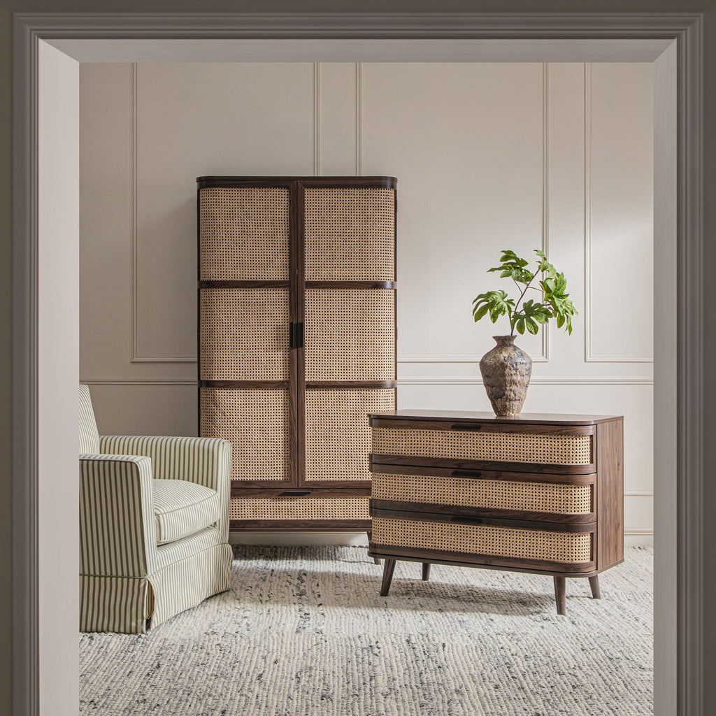 Izzy Curved Rattan 3 Drawer Dresser, Walnut