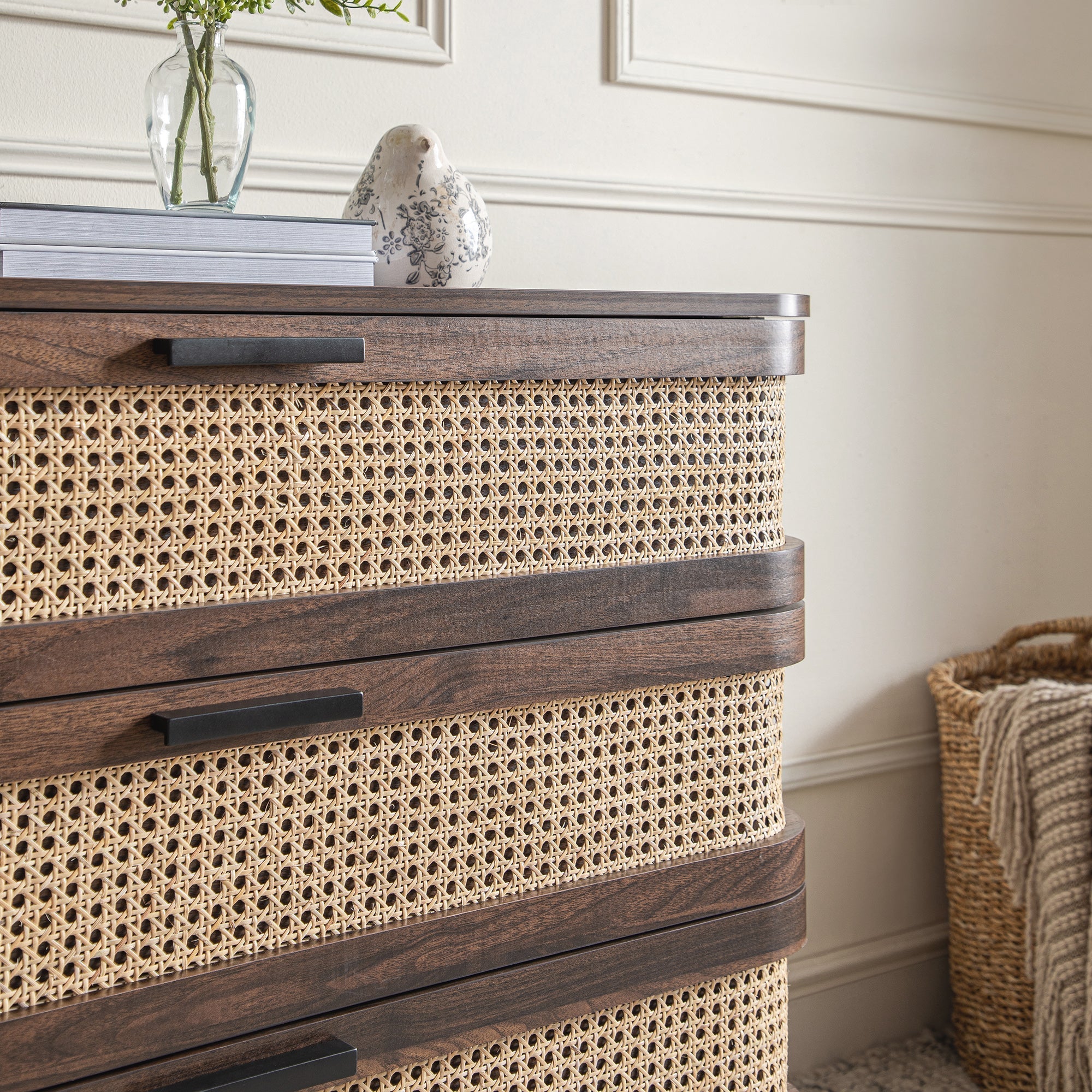 Izzy Curved Rattan 3 Drawer Dresser, Walnut