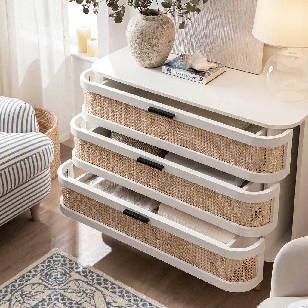 Izzy Curved Rattan 3 Drawer Dresser, White