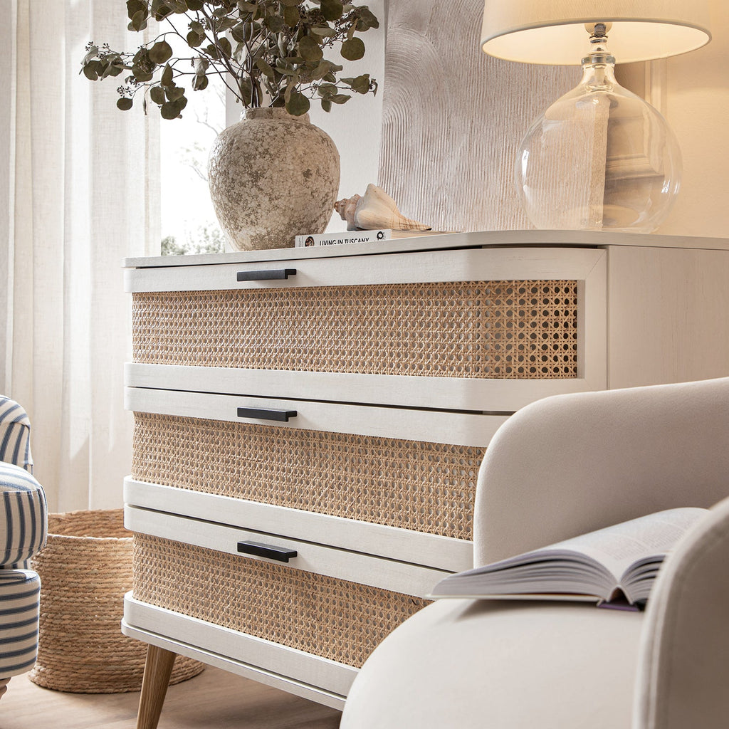 Izzy Curved Rattan 3 Drawer Dresser, White