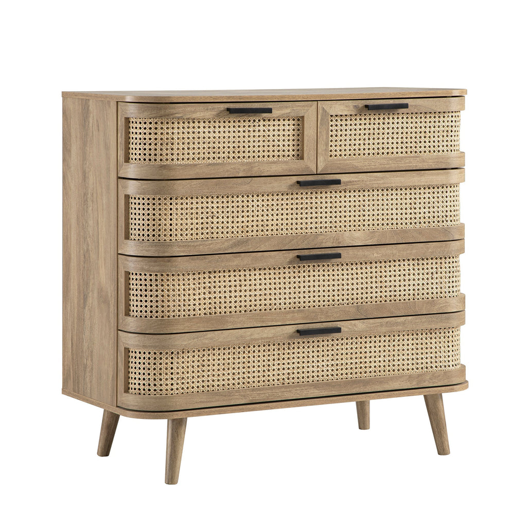 Izzy Curved Rattan 5 Drawer Dresser, Natural