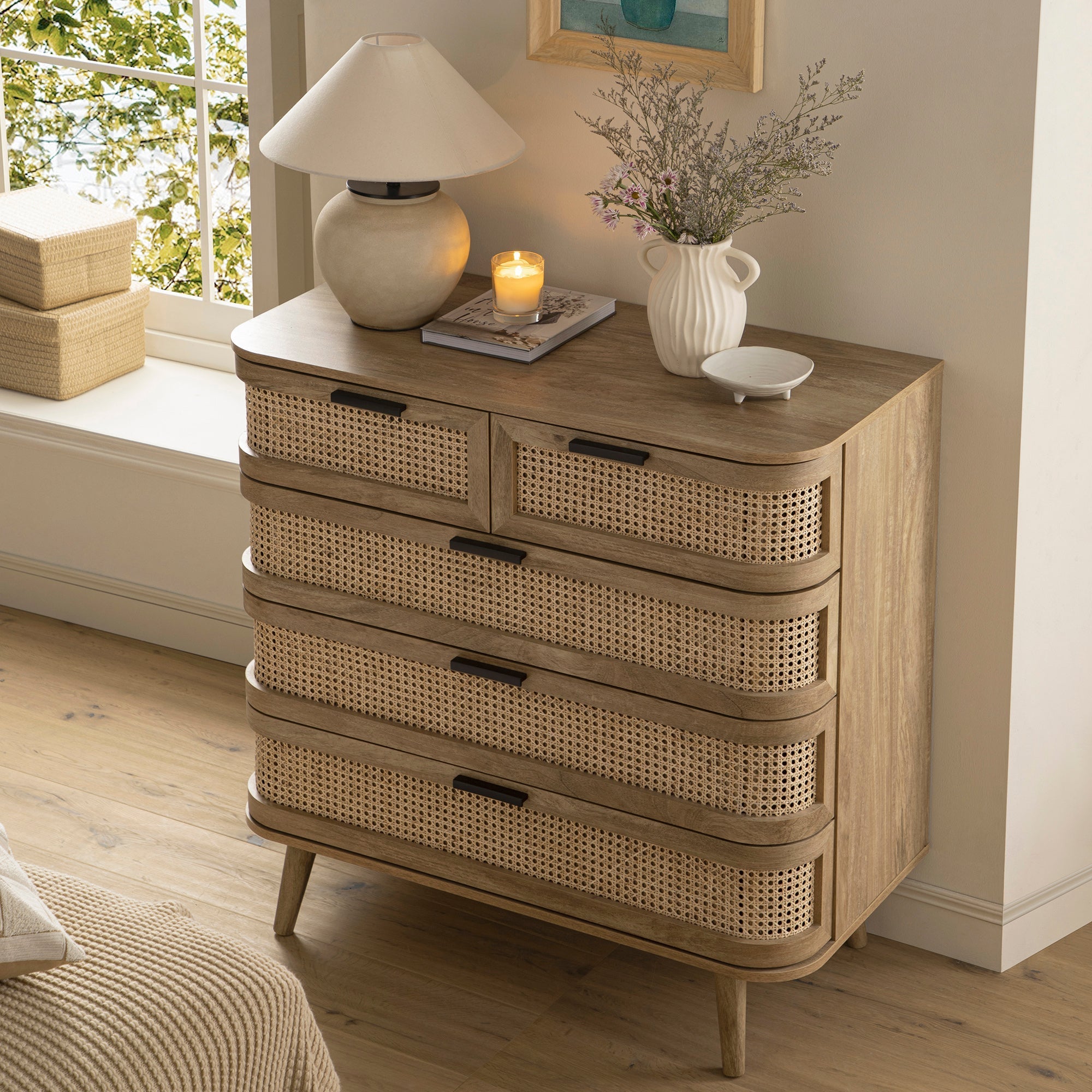 Izzy Curved Rattan 5 Drawer Dresser, Natural