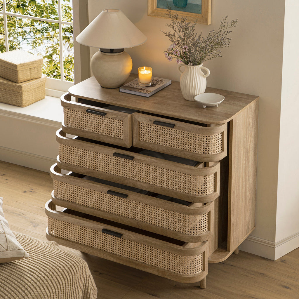 Izzy Curved Rattan 5 Drawer Dresser, Natural