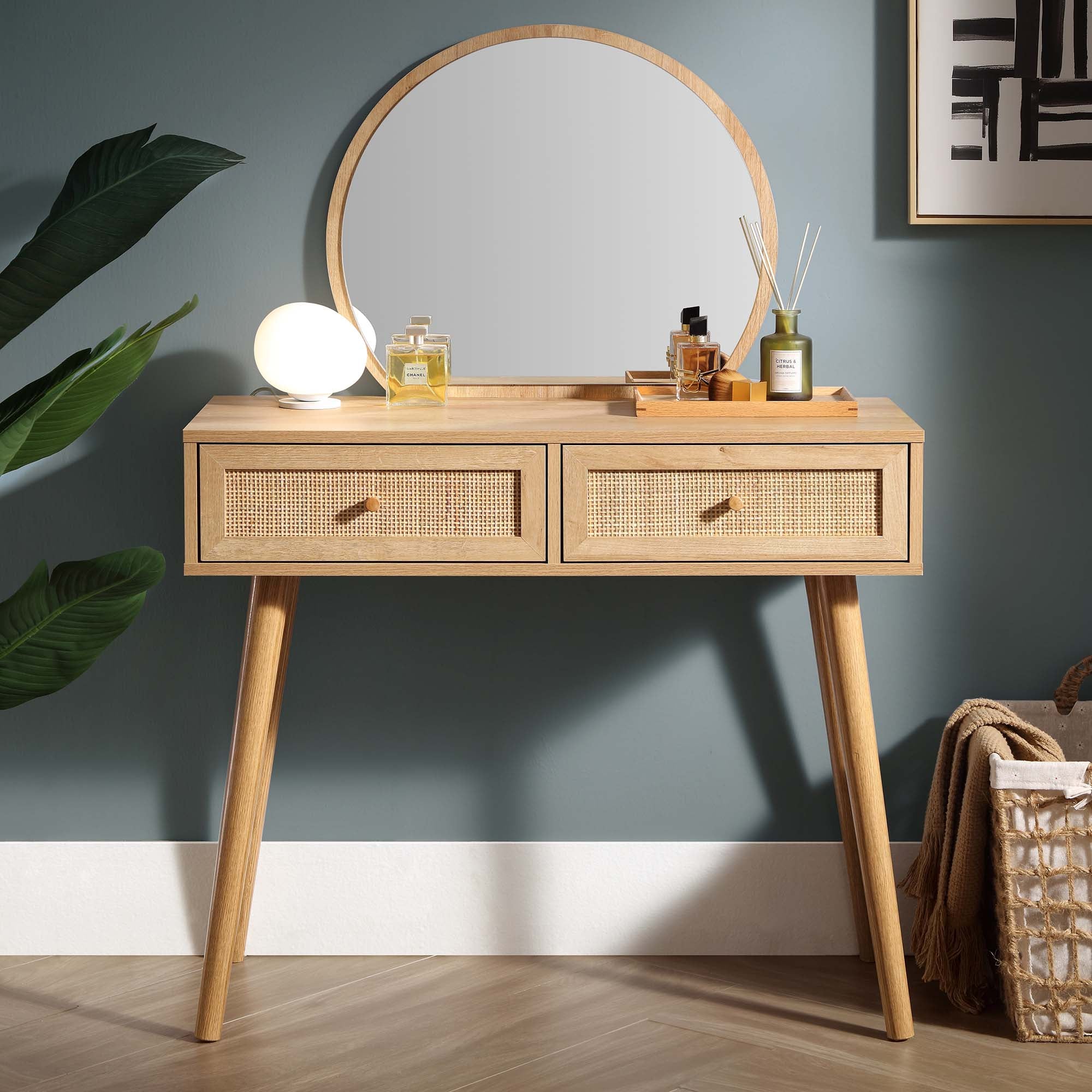Frances Woven Rattan Vanity Table with Mirror, Natural