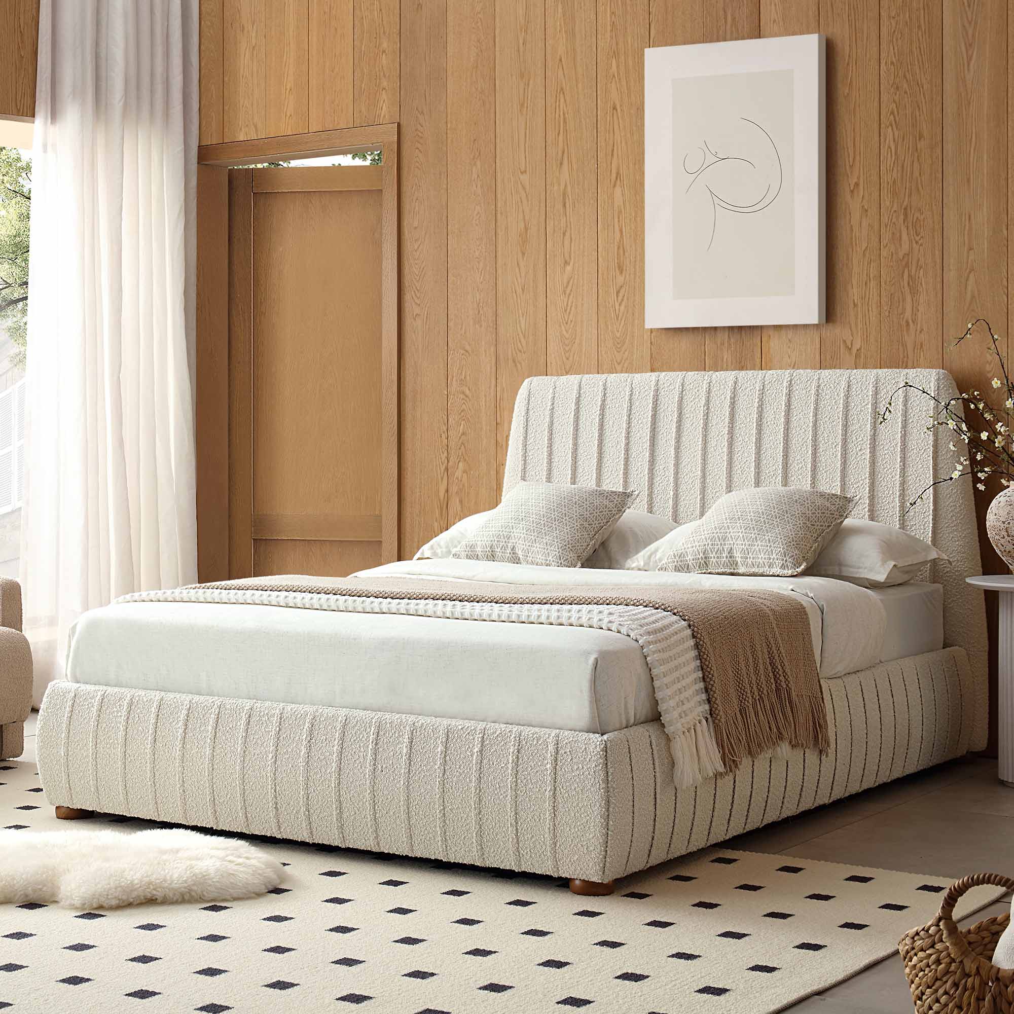 Helia Pleated Ottoman Storage Bed, Beige Boucle
