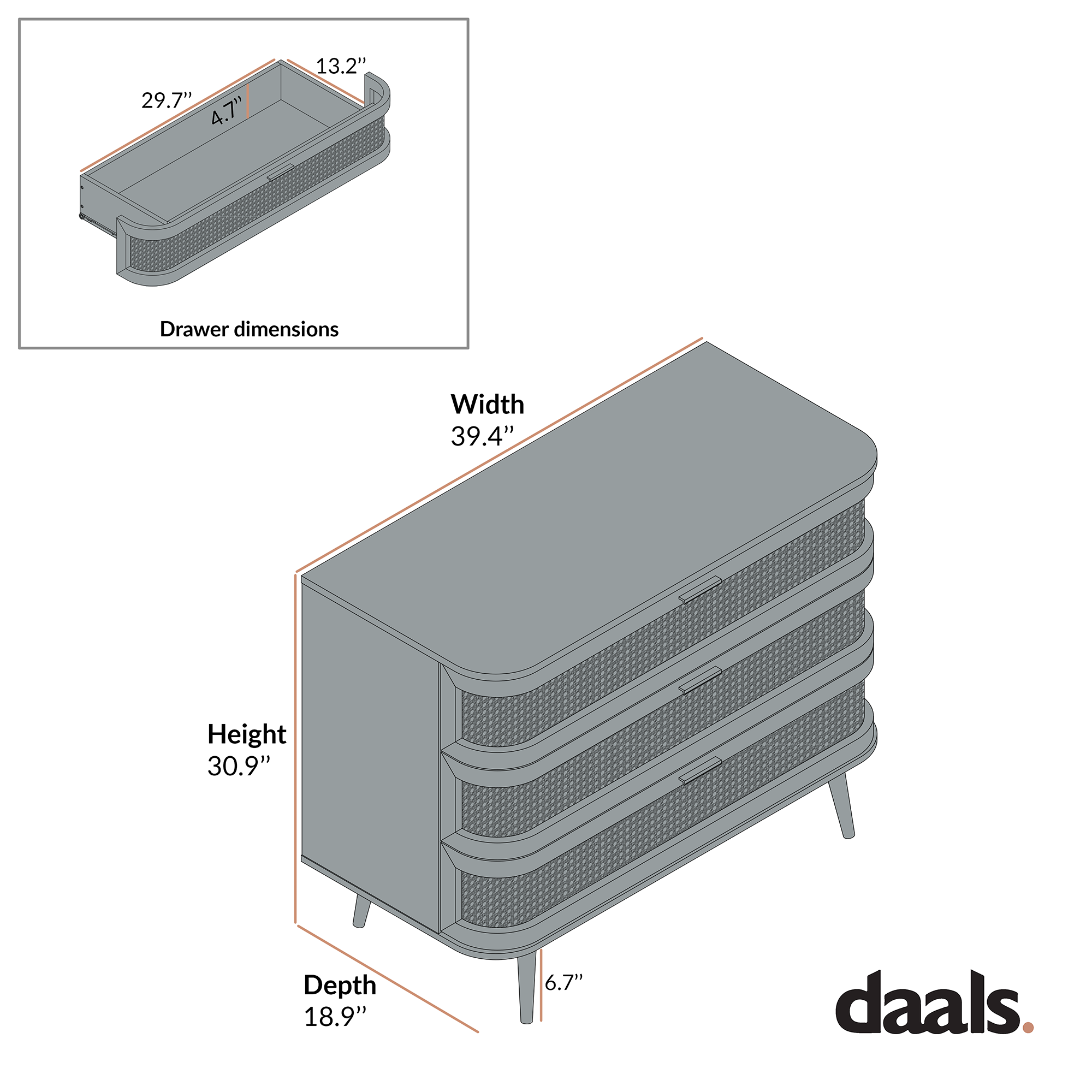 Izzy Curved Rattan 3 Drawer Dresser, Natural