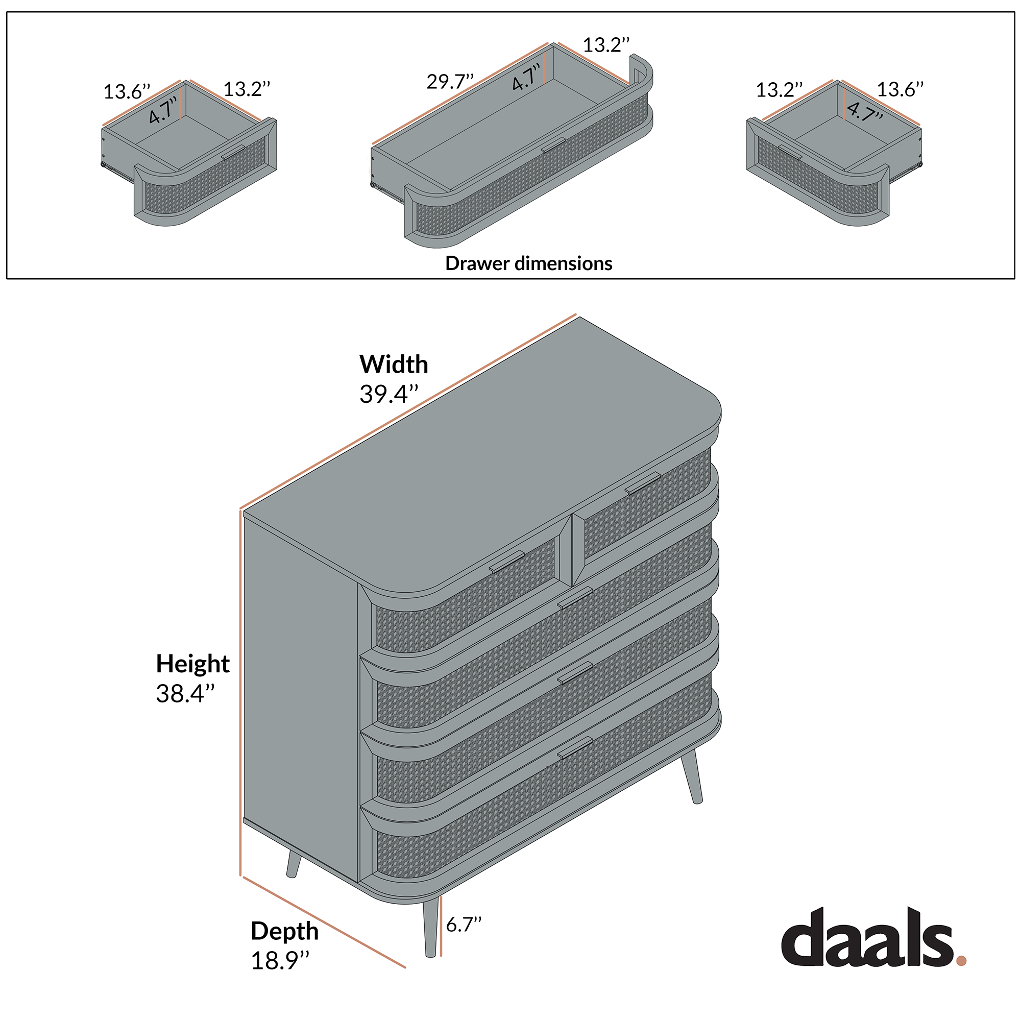 Izzy Curved Rattan 5 Drawer Dresser, Natural