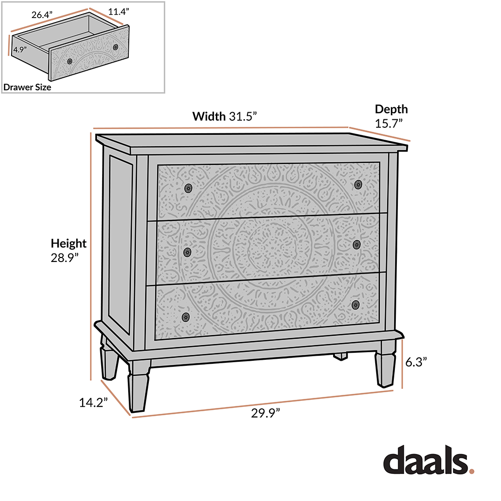 Chantilly Whitewashed Carved 3 Drawer Dresser