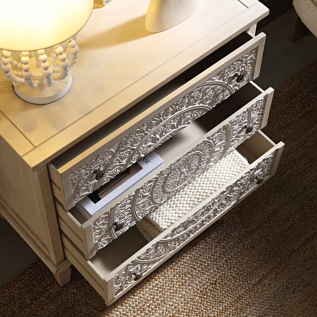 Chantilly Whitewashed Carved 3 Drawer Dresser