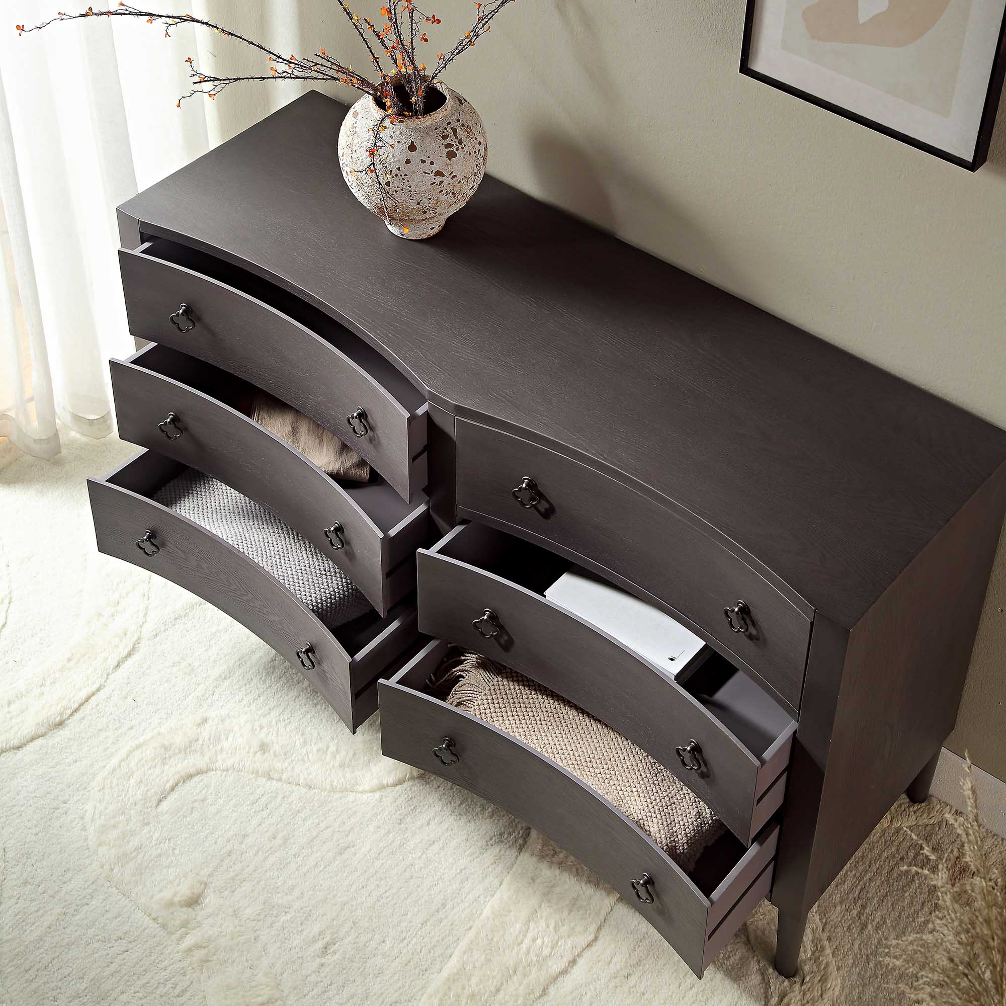 Thalia Concave Double Six Drawer Dresser, Silver Oak