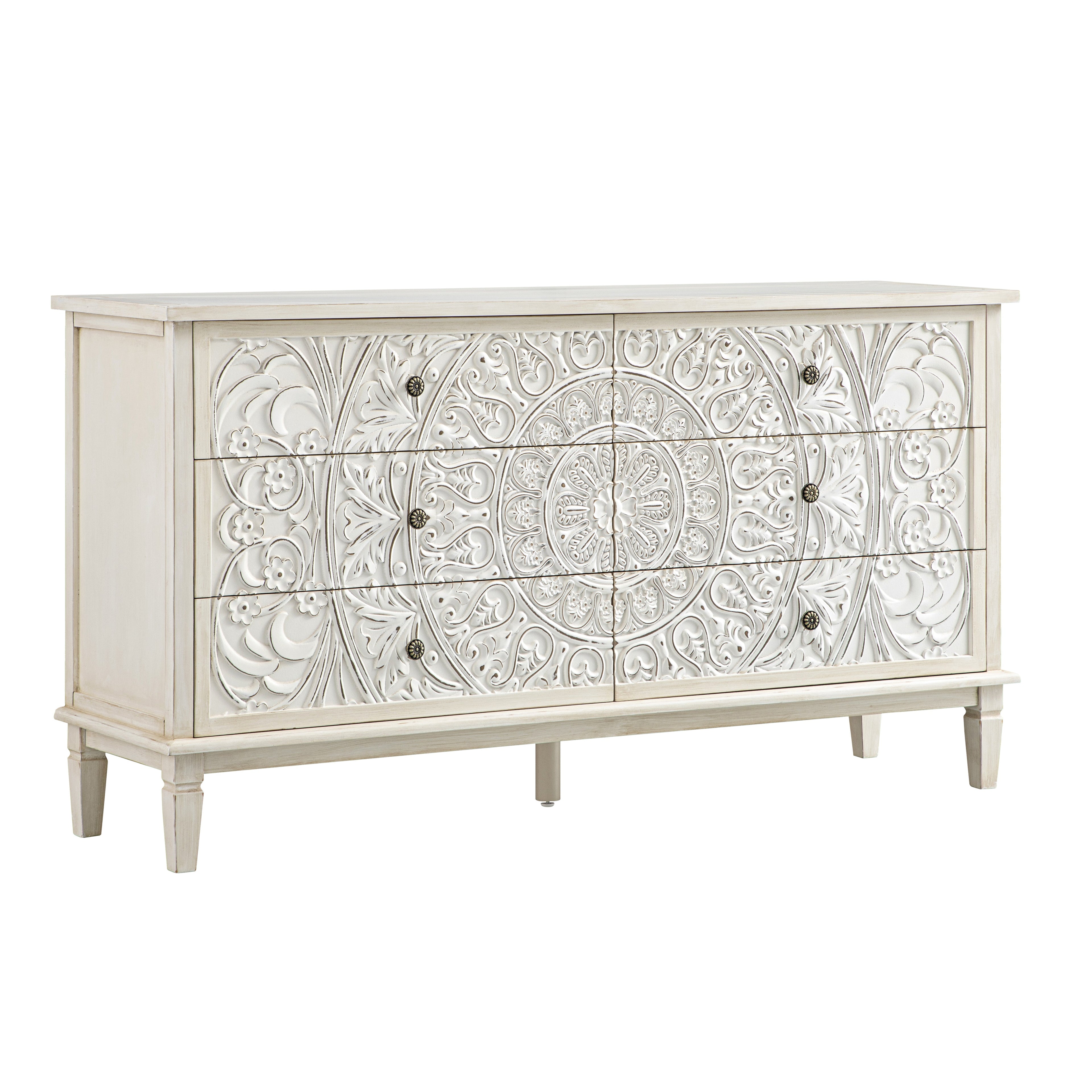Chantilly Whitewashed Carved Wide 6 Drawer Dresser