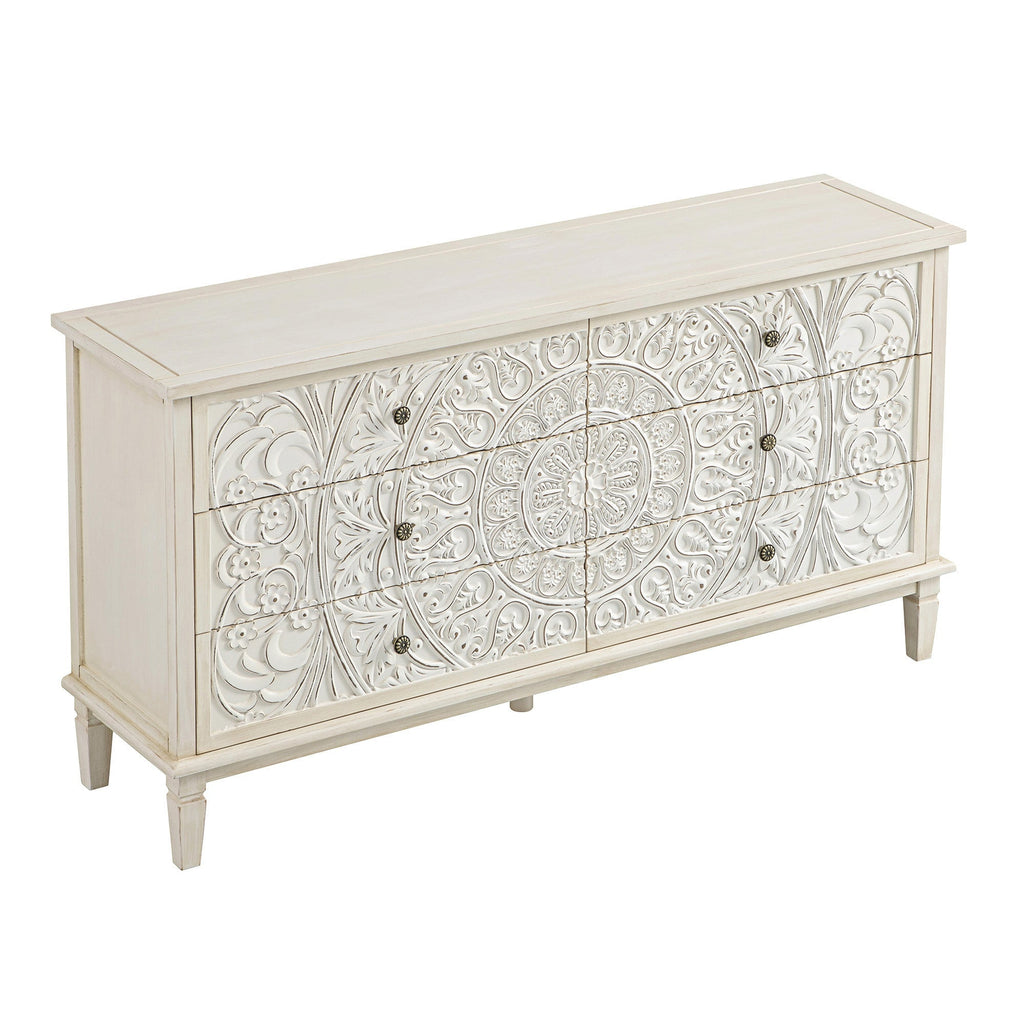 Chantilly Whitewashed Carved Wide 6 Drawer Dresser