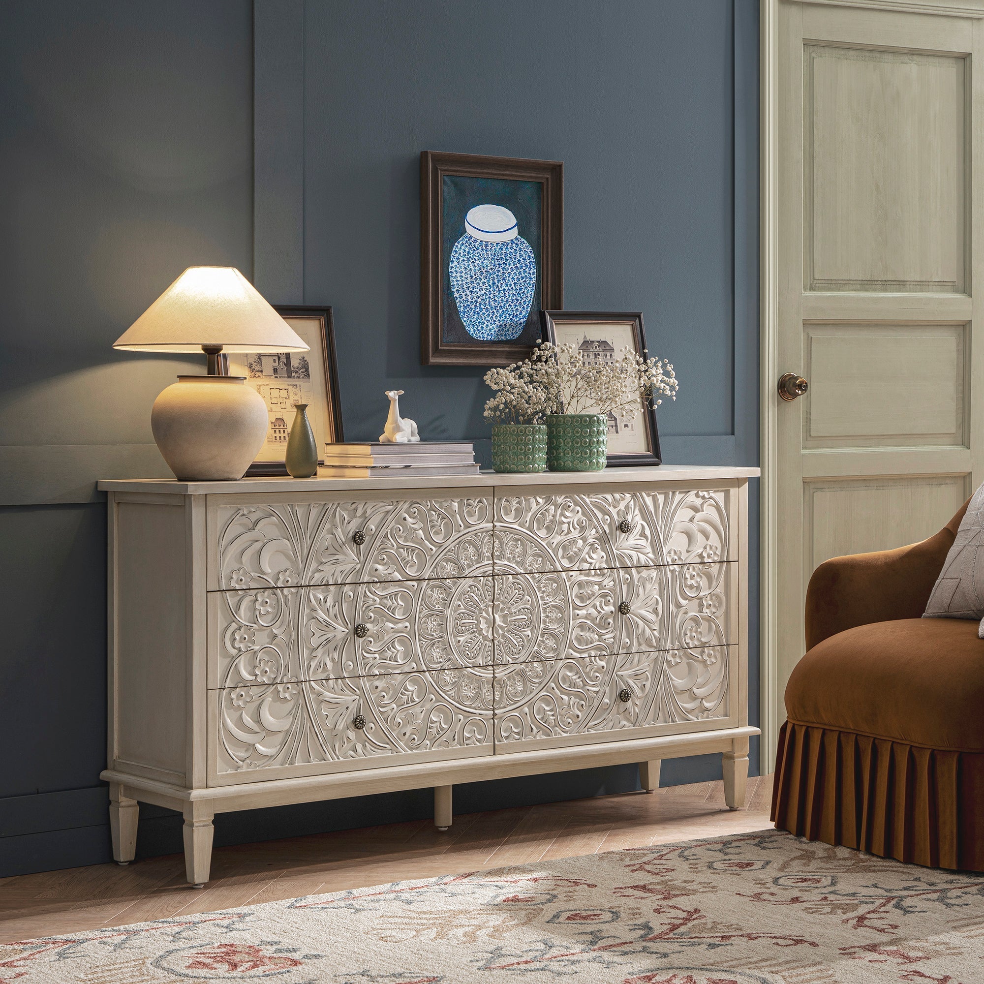 Chantilly Whitewashed Carved Wide 6 Drawer Dresser