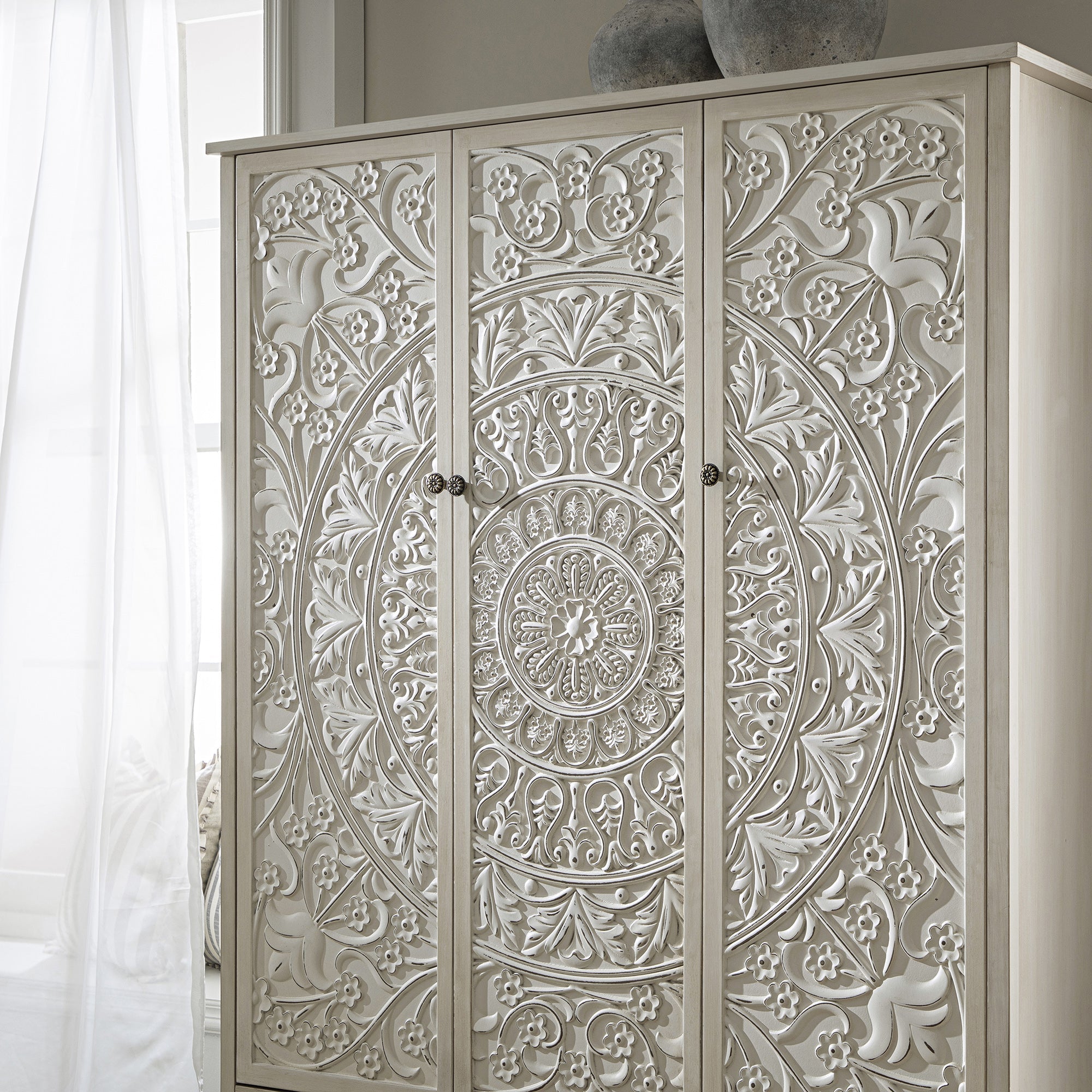 Chantilly Whitewashed Carved Triple Closet