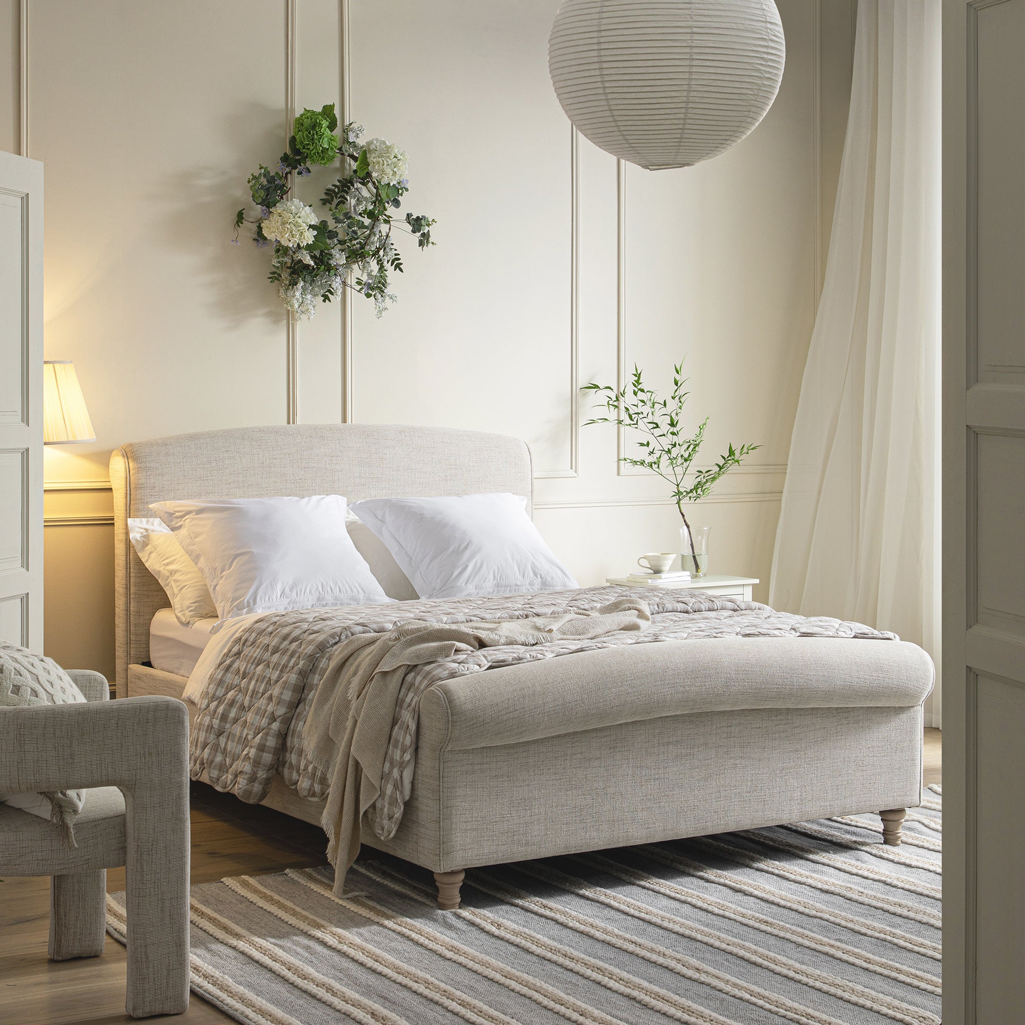 Porchester Ottoman Storage Sleigh Bed, Oatmeal Woven Textured Fabric